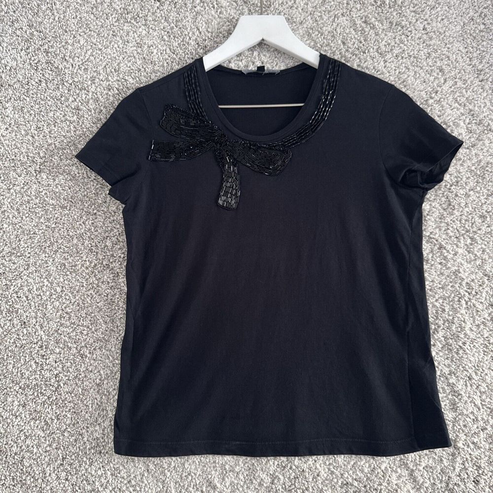 Animale Women's M Black Beaded Bow Short Sleeve Tee‎